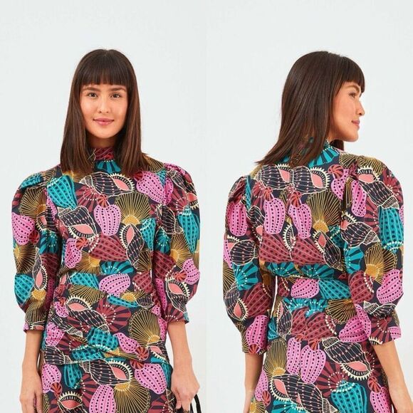 NWT Farm Rio Mock Neck Shell Print Blouse Sz M Boho Coastal Beachy Tribal Batik - Picture 4 of 13